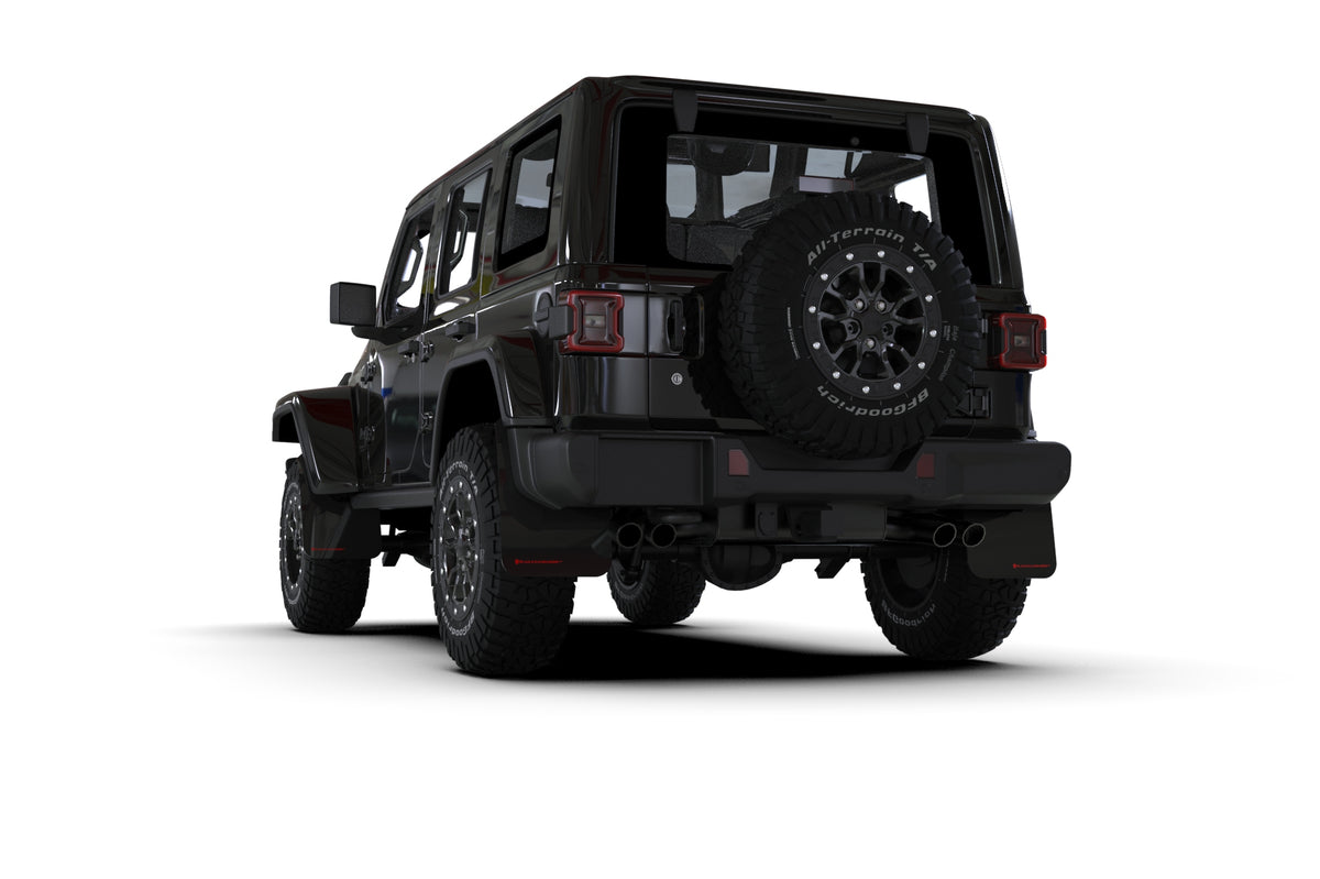 Rally Armor 2018+ Jeep Wrangler Rubicon JL Black UR Mud Flap w/ Metallic Black Logo - MF124-UR-BLK-MBK