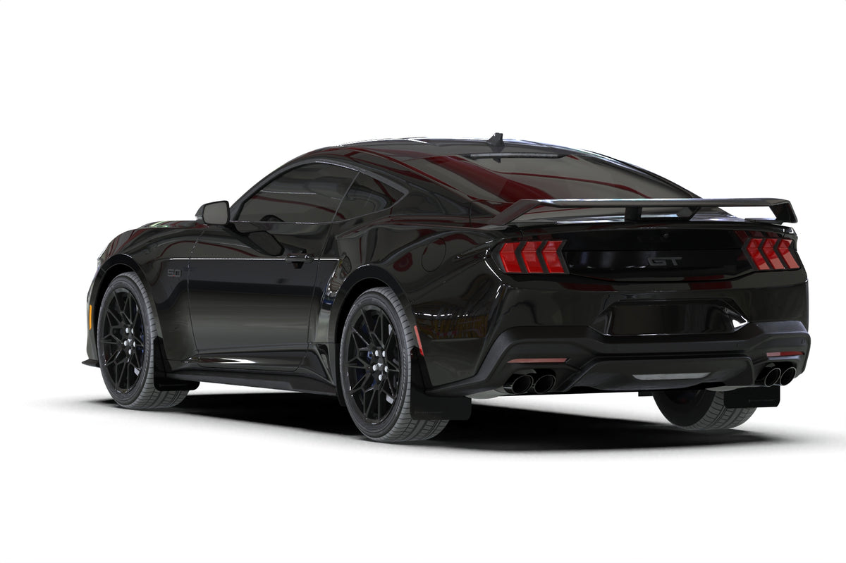 Rally Armor 2024+ Ford Mustang Black UR Mud Flap w/ Metallic Black Logo - MF126-UR-BLK-MBK