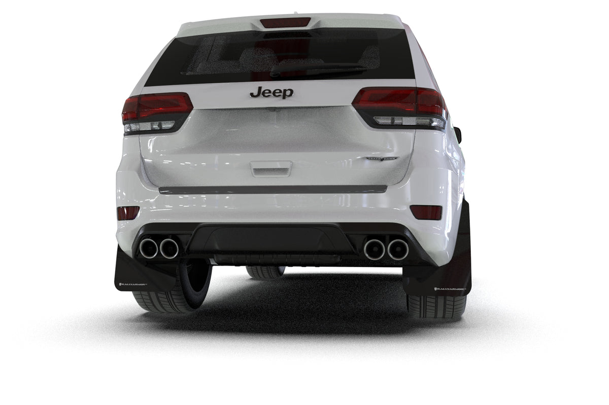 Rally Armor 18-22 Jeep Grand Cherokee SRT Trackhawk Black UR Mud Flap - White Logo - MF134-UR-BLK-WH