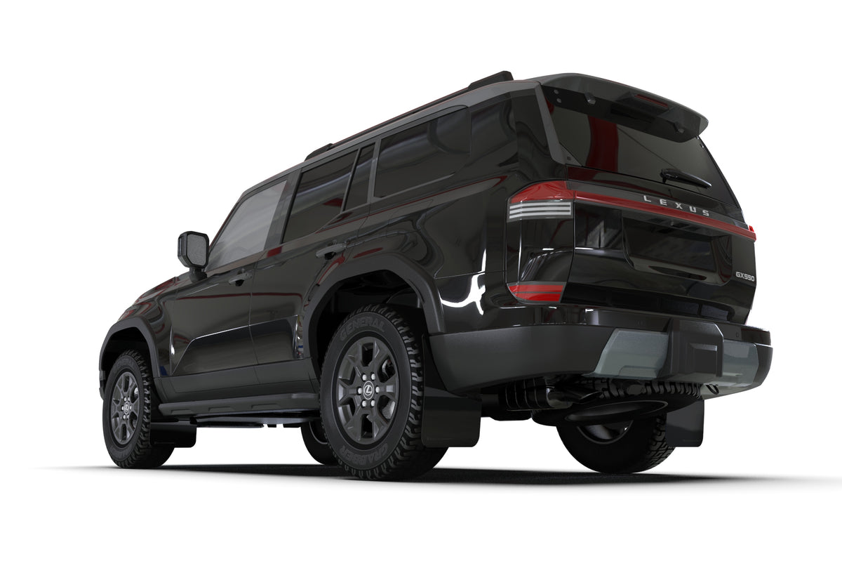 Rally Armor 2024+ Lexus GX-550 Overtrail Black UR Mud Flap Metallic Black Logo - MF142-UR-BLK-MBK