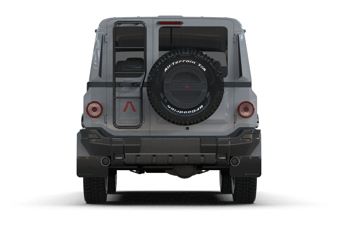 Rally Armor 23-25 Ineos Grenadier Black Mud Flap - Warm Grey Logo - MF143-BLK-WGRY