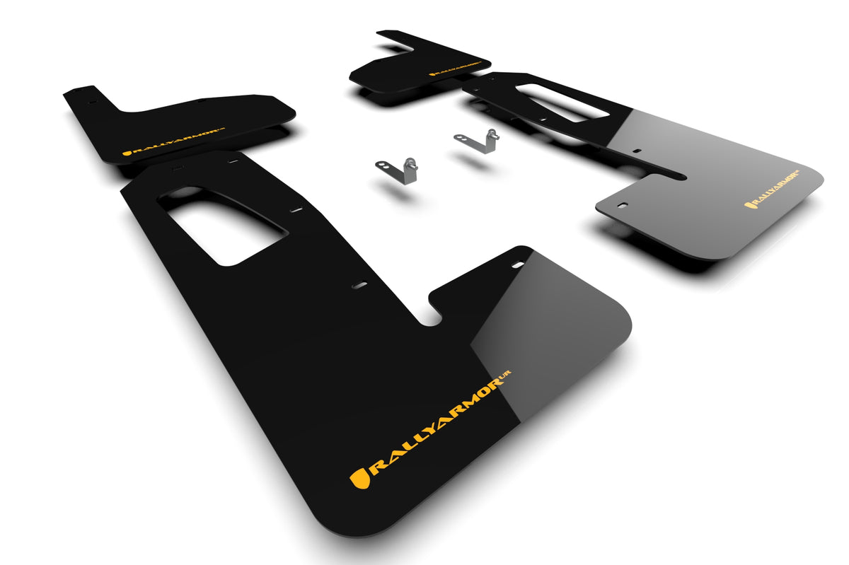 Rally Armor 22-24 Rivian R1T Black UR Mud Flap w/Tangerine Scream Logo - MF18-UR-BLK/TS for 2022-2025 Rivian R1T - front view