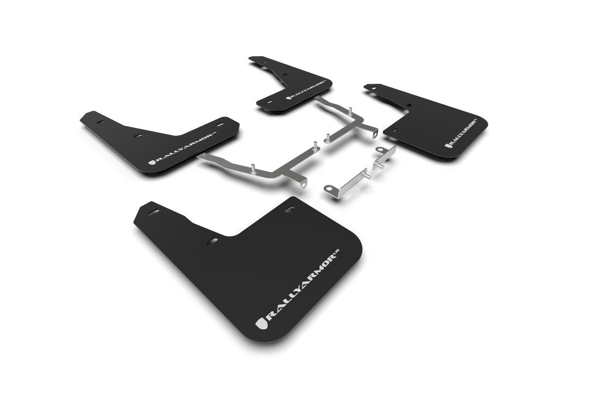 Rally Armor 19-24 Ford Focus ST MK4 Black UR Mud Flap w/White Logo - MF77-UR-BLK/WH by Rally Armor - front view