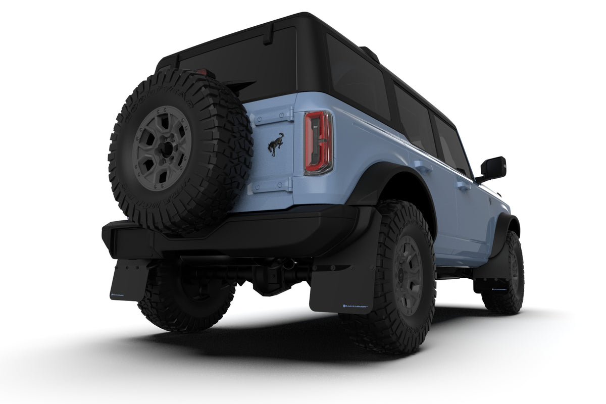 Rally Armor 21+ Ford Bronco (Plstc Bmpr + RB - NO Rptr/Sprt) Blk Mud Flap w/Area Blue Logo - MF85-RB-PL-ABL