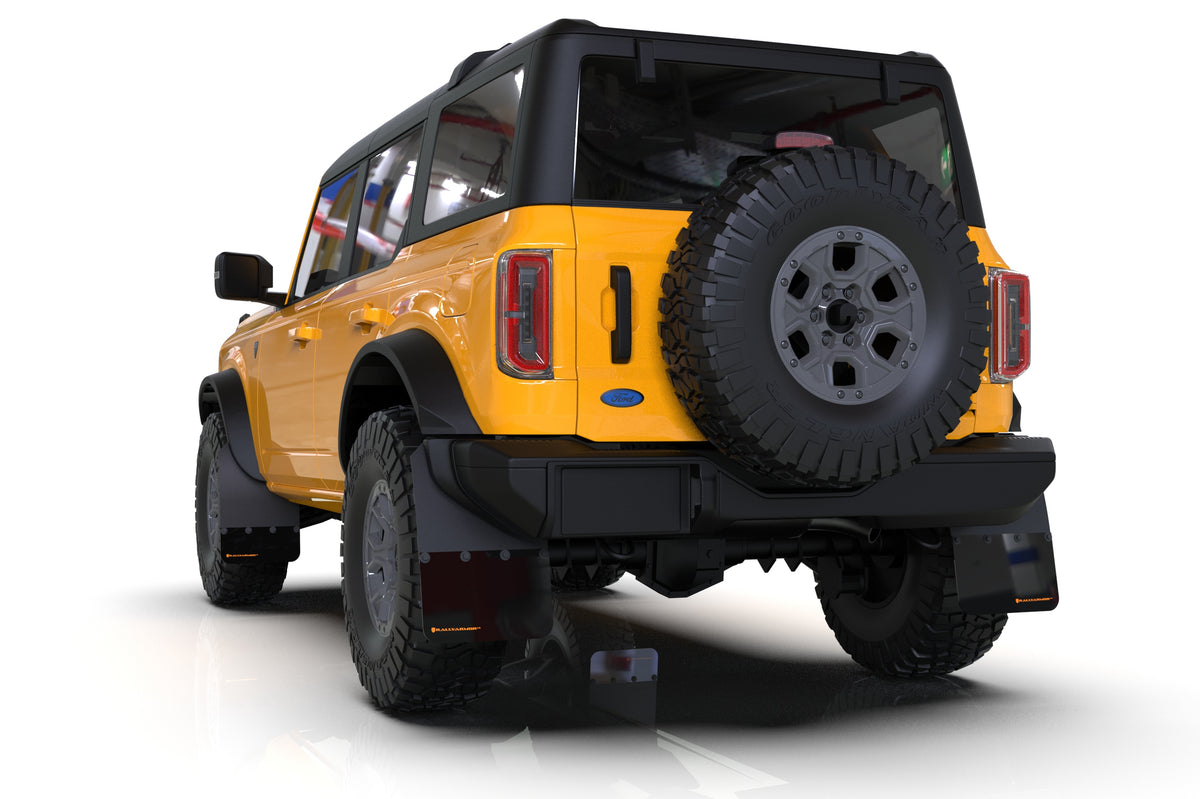 Rally Armor 21-24 Ford Bronco (Plstc Bmpr + RB - NO Rptr/Sprt) Blk Mud Flap w/Cy Orange Logo - MF85-RB-PL-COR