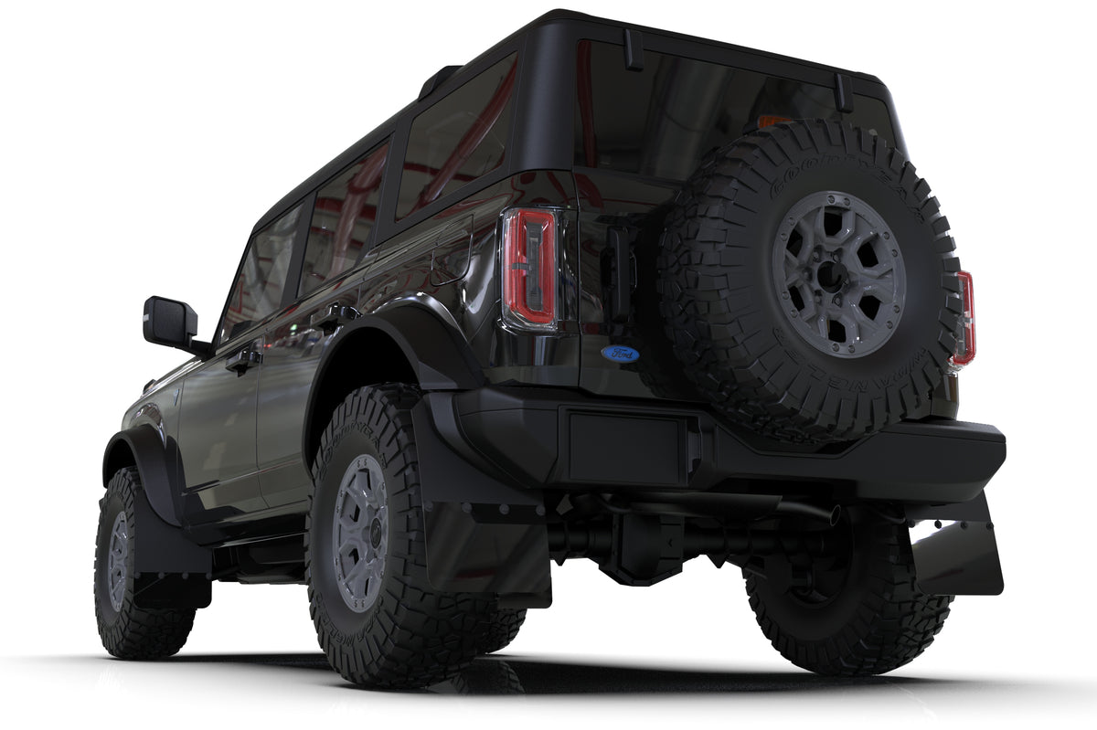 Rally Armor 21-24 Ford Bronco (Plstc Bmpr + RR - NO Rptr/Sprt) Blk Mud Flap w/Met. Blk Logo - MF85-RR-PL-MBK