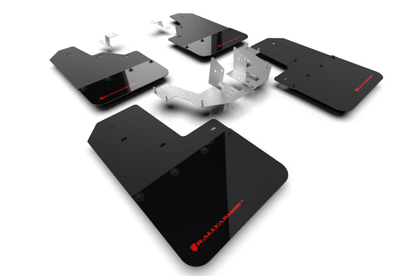 Rally Armor 21-24 Ford Bronco (Plstc Bmpr - NO Rptr/Sprt - NO RR/RB) Blk Mud Flap w/Red Logo - MF85-NO-PL-RD for 2021-2026 Fo