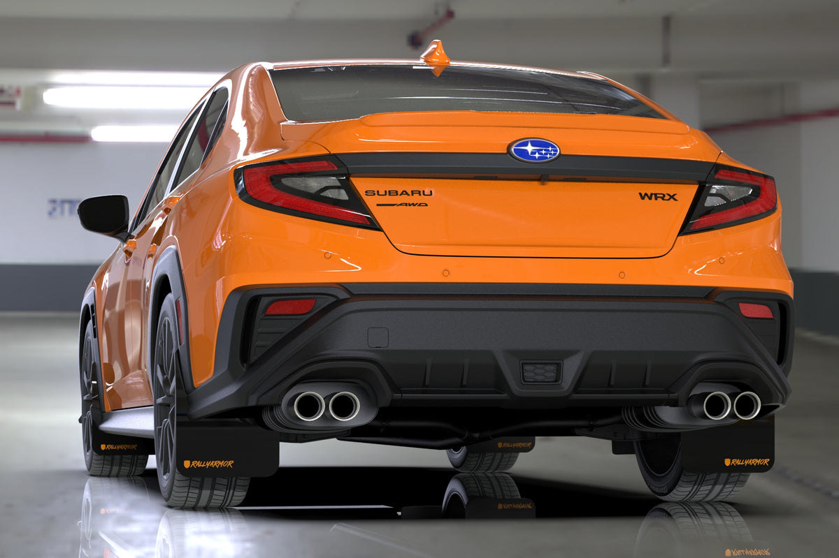 Rally Armor 2022+ Subaru WRX Black UR Mud Flap Altered Font Orange Logo - MF92-UR-BLK/OR-X
