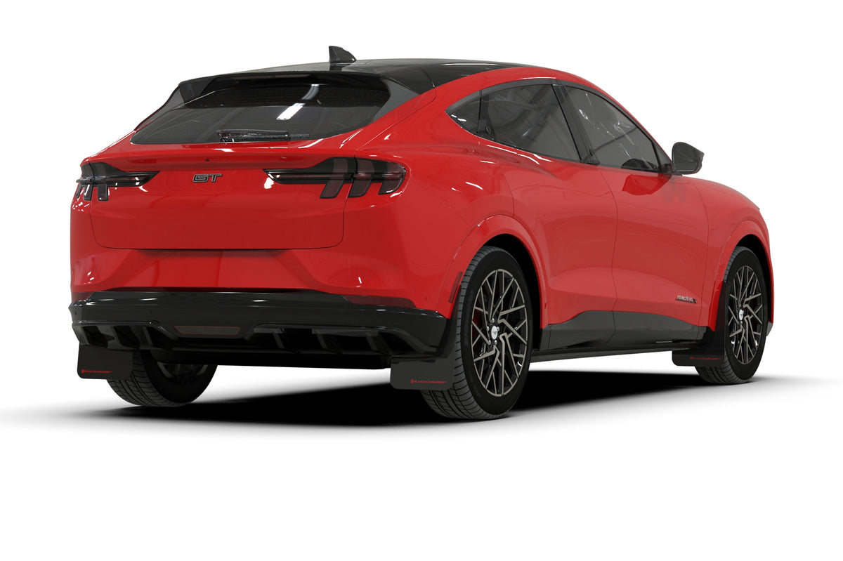 Rally Armor 21-24 Ford Mustang Mach-E/GT/Rally Black Mud Flap w/White Logo - MF96-UR-BLK-WH