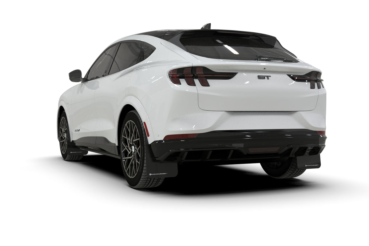 Rally Armor 21-24 Ford Mustang Mach-E/GT/Rally Black Mud Flap w/White Logo - MF96-UR-BLK-WH