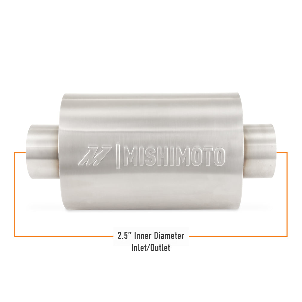 Mishimoto Universal Resonator with 2.5in Inlet/Outlet - Brushed - MMEXH-RES-25BR by Mishimoto - angle view