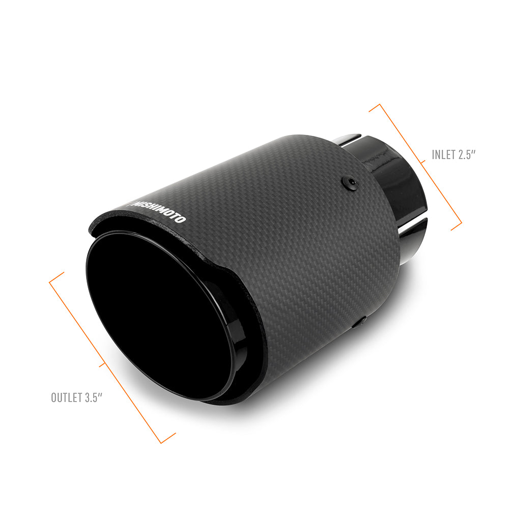 Mishimoto 2x Carbon Fiber Muffler Tip 2.5in Inlet 3.5in Outlet Black - MMEXH-TIP-CFD25BK by Mishimoto - angle view