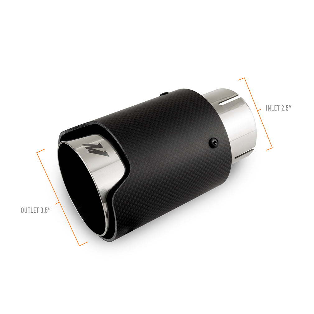 Mishimoto Carbon Fiber Muffler Tip 2.5in Inlet 3.5in Outlet Polished - MMEXH-TIP-CF25P by Mishimoto - angle view