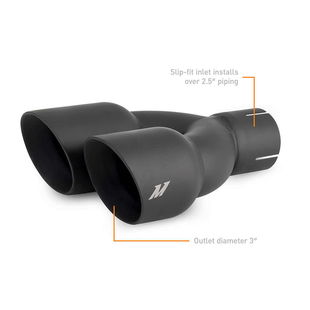 Mishimoto Dual Offset Tips 2.5in Inlet 3in Outlet Slash Cut - Black - MMEXH-TIP-FSTBK by Mishimoto - angle view