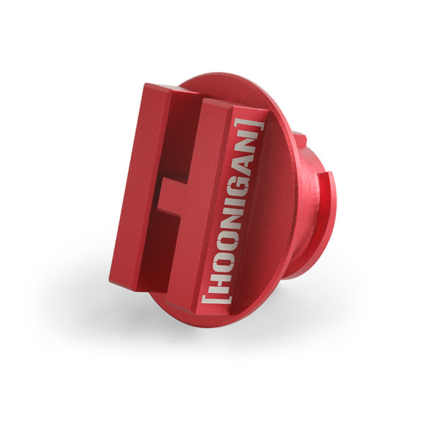 Mishimoto LS Engine Hoonigan Oil Filler Cap - Red - MMOFC-LSX-HOONRD for 2005-2013 Chevrolet Corvette - angle view