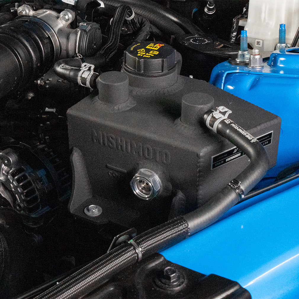 Mishimoto 2024+ Ford Mustang V8/2.3L EcoBoost Expansion Tank - Polished - MMRT-MUS-24P for 2024-2026 Ford Mustang - side view