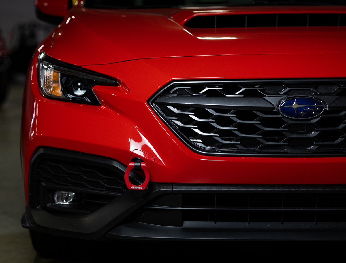 Mishimoto 2022+ Subaru WRX Front Tow Hook Red - MMTH-WRX-22RD for 2018-2025 Subaru Crosstrek - angle view
