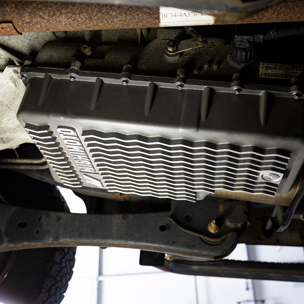 Mishimoto 2011+ Powerstroke 6R140 Transmission Pan - Cast - GR - MMTP-F2D-11 for 2011-2022 Ford F 250 - angle view