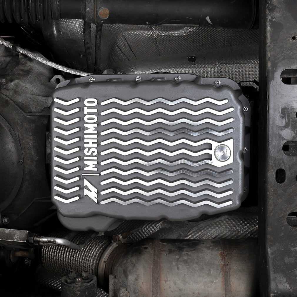 Mishimoto 2007.5 + Ram 6.7L Cummins 68RFE Transmission Pan - Cast - GR - MMTP-RAM-07 for 2001-2010 Dodge Dakota - angle view