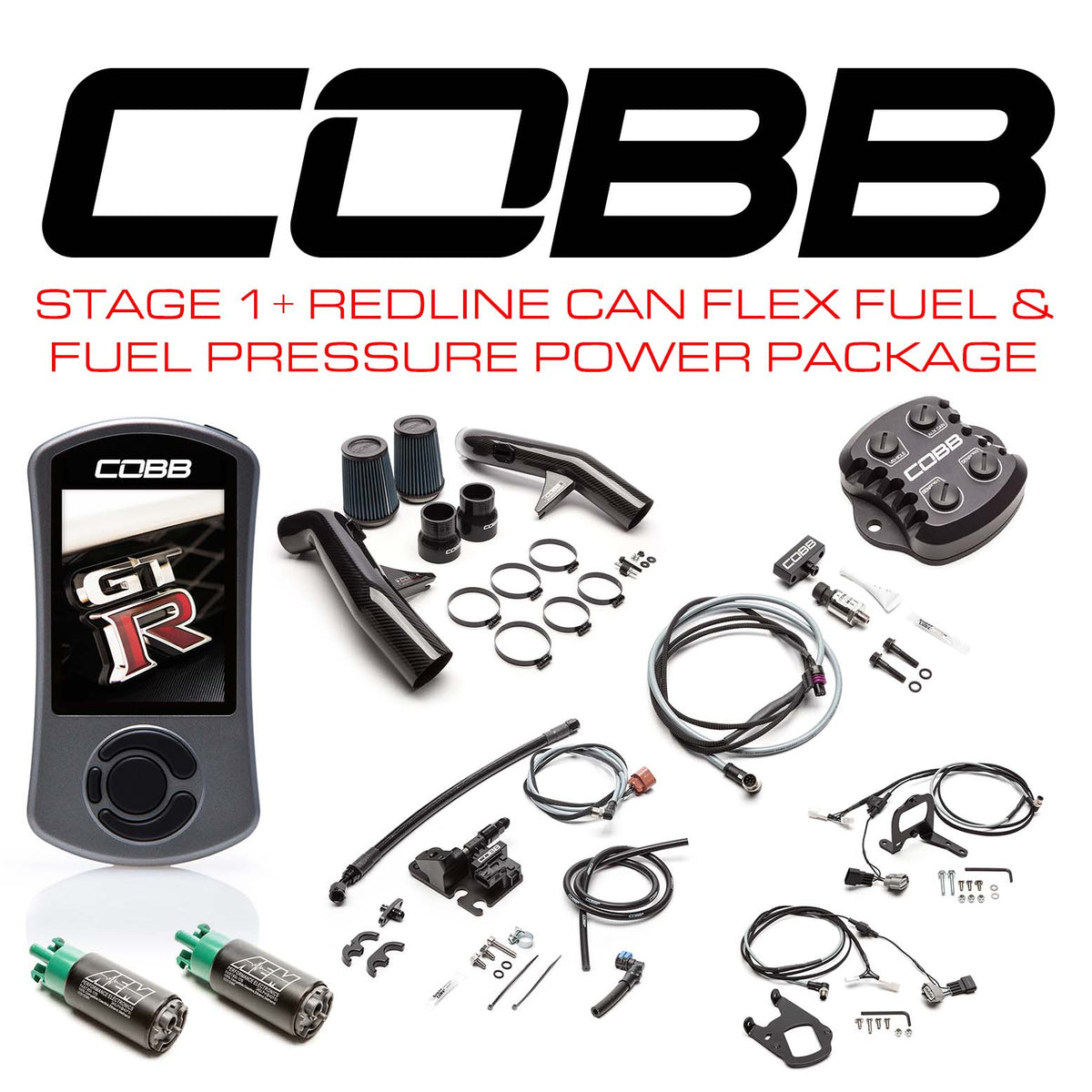 Cobb 09-14 Nissan GT-R Stage 1+ Redline Carbon Fiber CAN Flex Fuel &amp; Fuel Pressure Power Package w/TCM Flashing (Right Hand Drive) - NIS006011PCFFFP-RHD