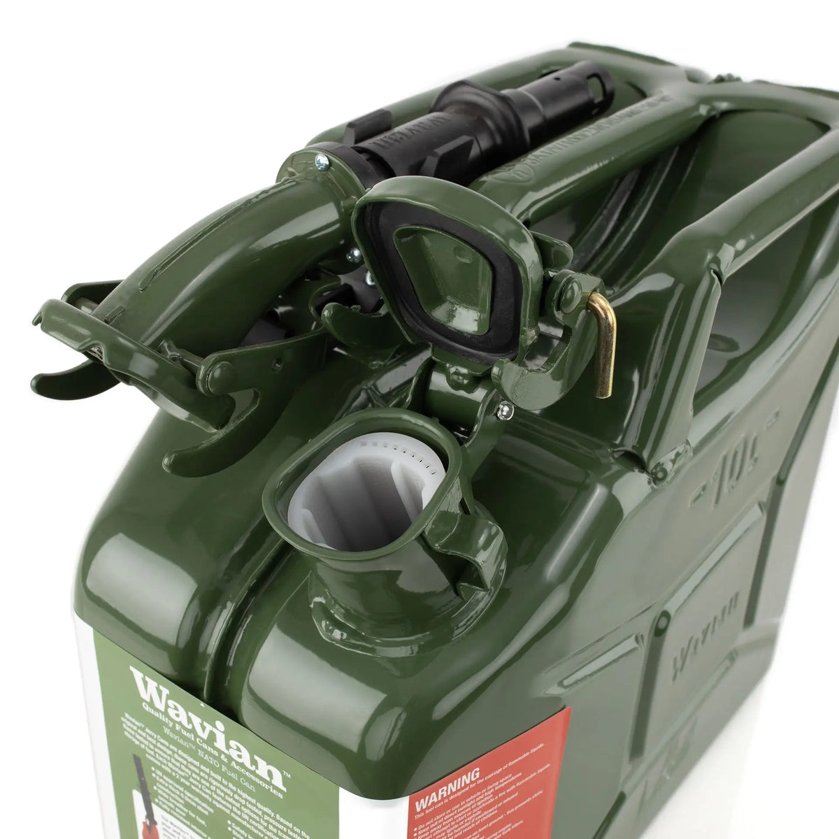 Wavian Olive Drab 10 litre steel jerry can 3014 — spout detail