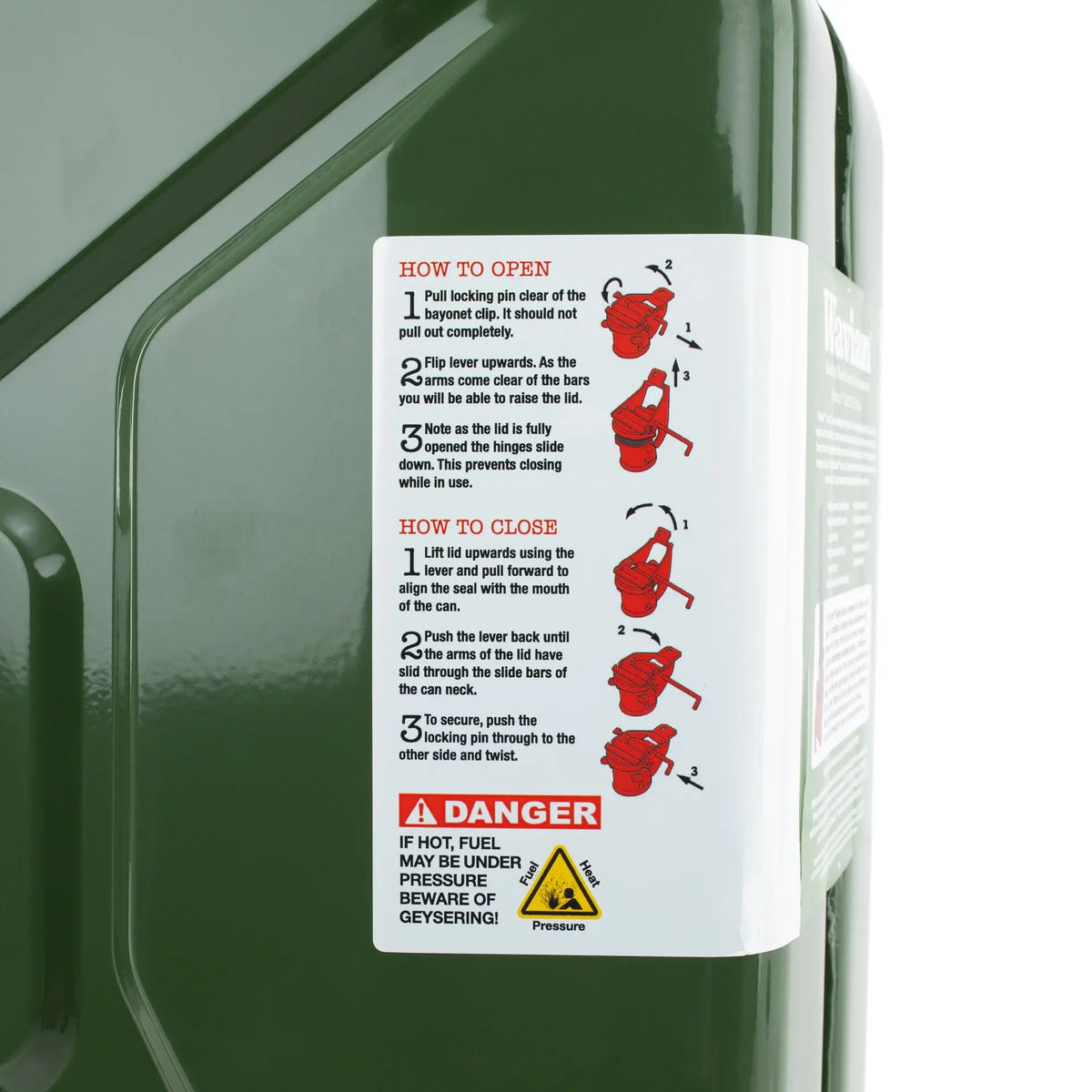 Wavian Olive Drab 10 litre steel jerry can 3014 — label detail