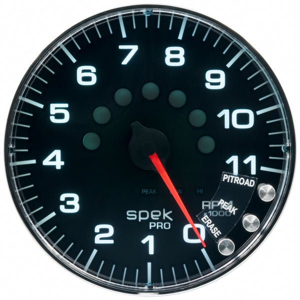 Autometer Spek-Pro Gauge Tachometer 5in 11K Rpm W/Shift Light & Peak Mem Black/Chrome - P239318