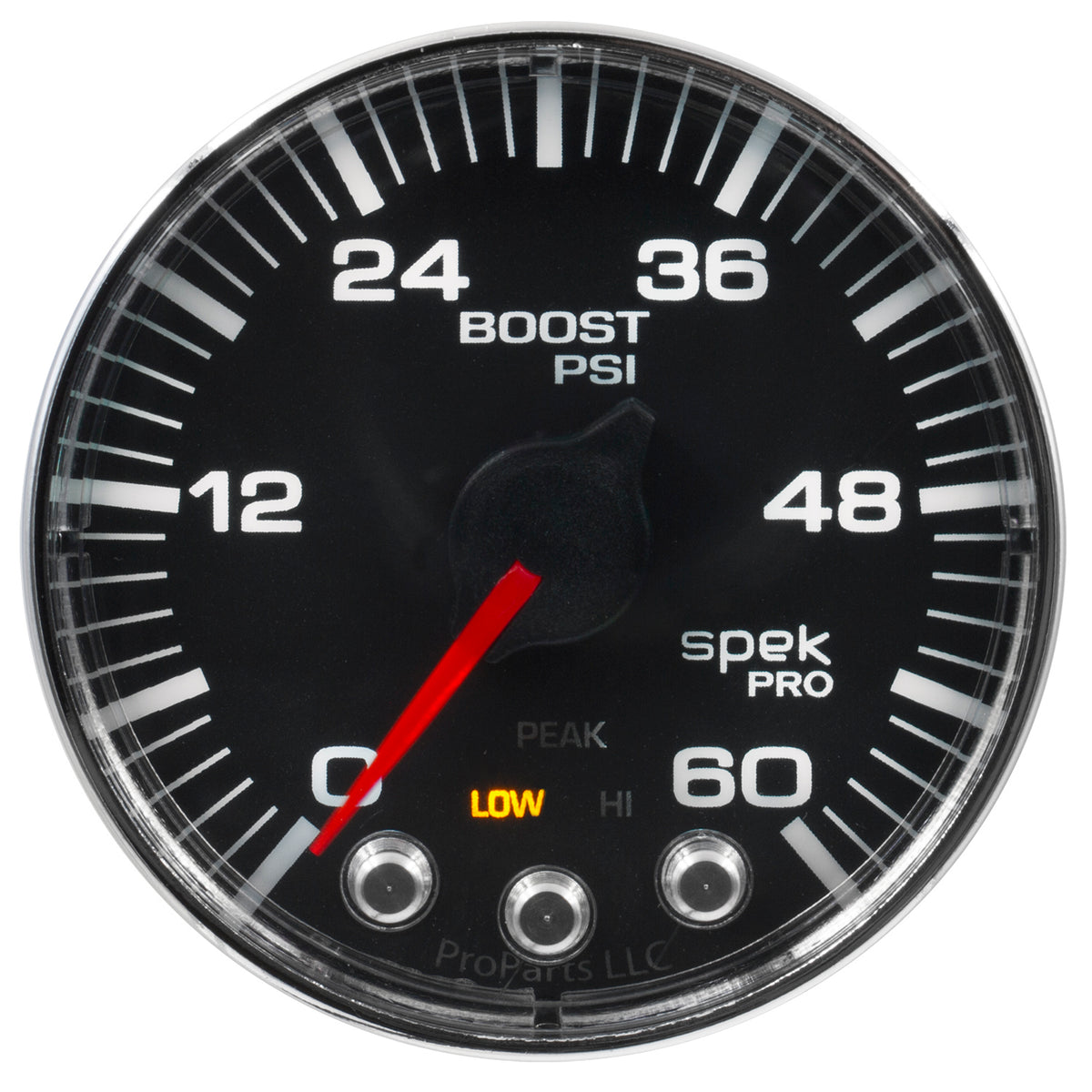 Autometer Spek-Pro Gauge Boost 2 1/16in 60psi Stepper Motor W/Peak & Warn Blk/Chrm - P304318