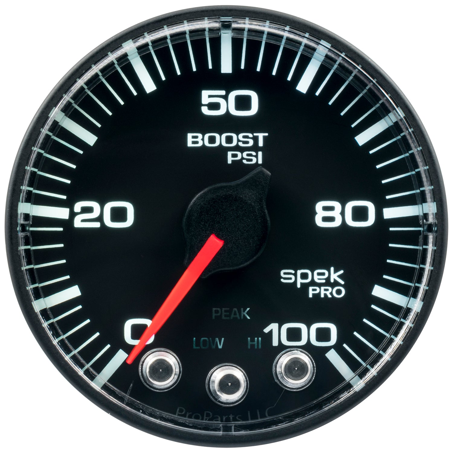 Autometer Spek-Pro Gauge Boost 2 1/16in 100psi Stepper Motor W/Peak & Warn Blk/Blk - P305328
