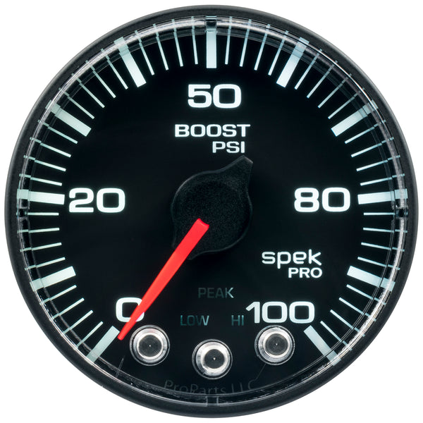 Autometer Spek-Pro Gauge Boost 2 1/16in 100psi Stepper Motor W/Peak & Warn Blk/Blk - P305328