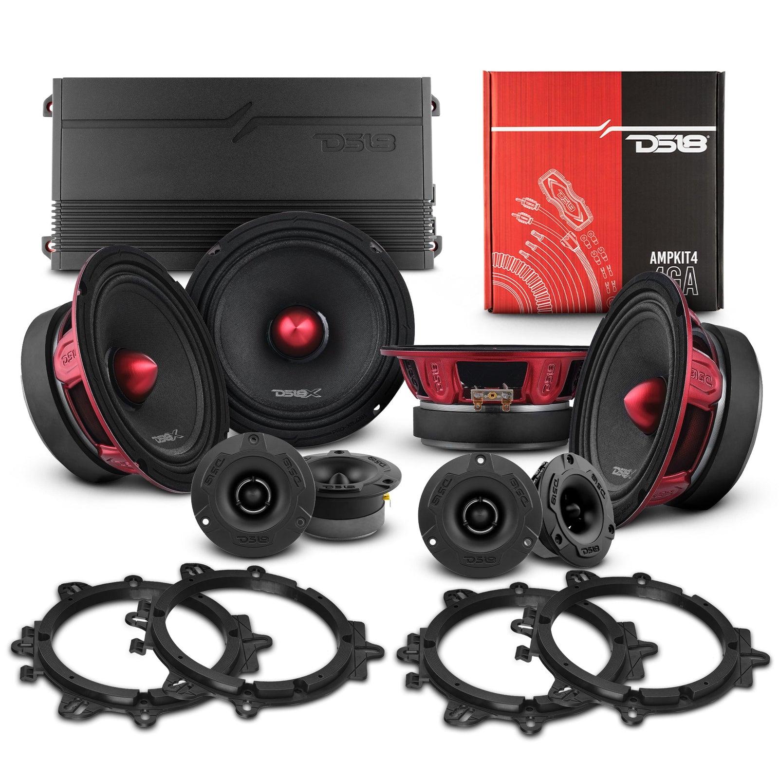 DS18 PRO Audio 6.5in Speaker Upgrade Kit With OEM Speaker Adapters + Amplifier + Wiring Kit - PKG-PROX62 - front view
