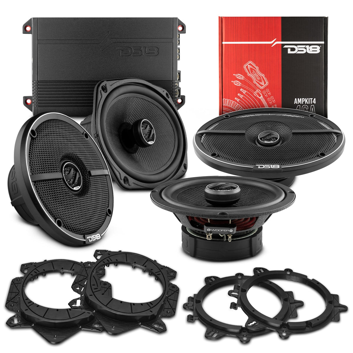 DS18 Premium Coaxial Speakers 6.5in + 6x9in with Amplifier and OEM Adapters - PKG-ZXI669 - front view