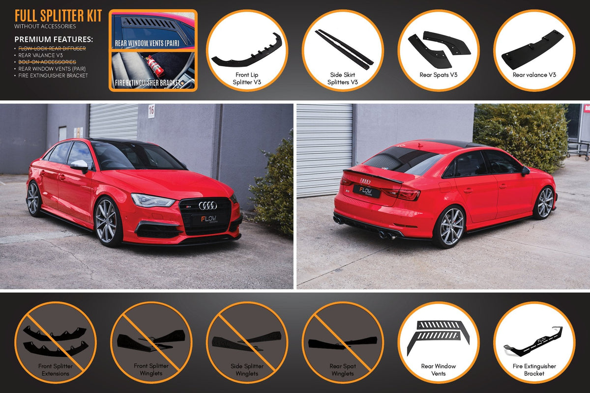 Flow Designs - S3 8V Sedan Pre-Facelift V3 Full Lip Splitter Set