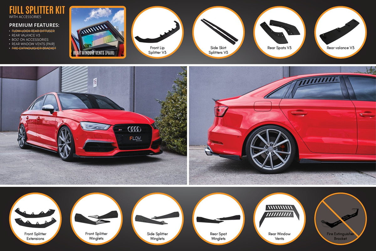 Flow Designs - S3 8V Sedan Pre-Facelift V3 Full Lip Splitter Set