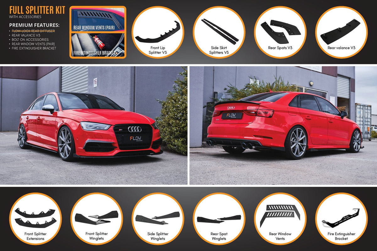 Flow Designs - S3 8V Sedan Pre-Facelift V3 Full Lip Splitter Set
