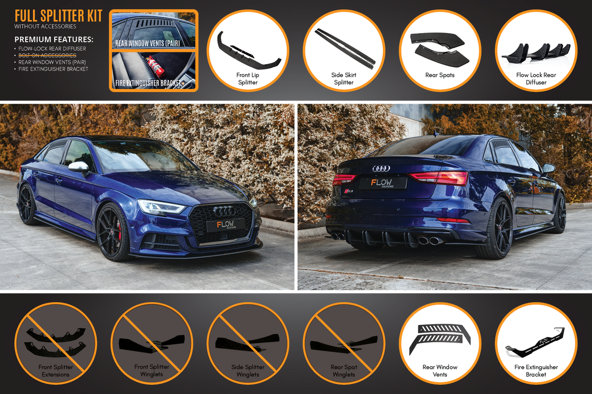 Flow Designs - S3 8V Sedan Facelift Full Lip Splitter Set