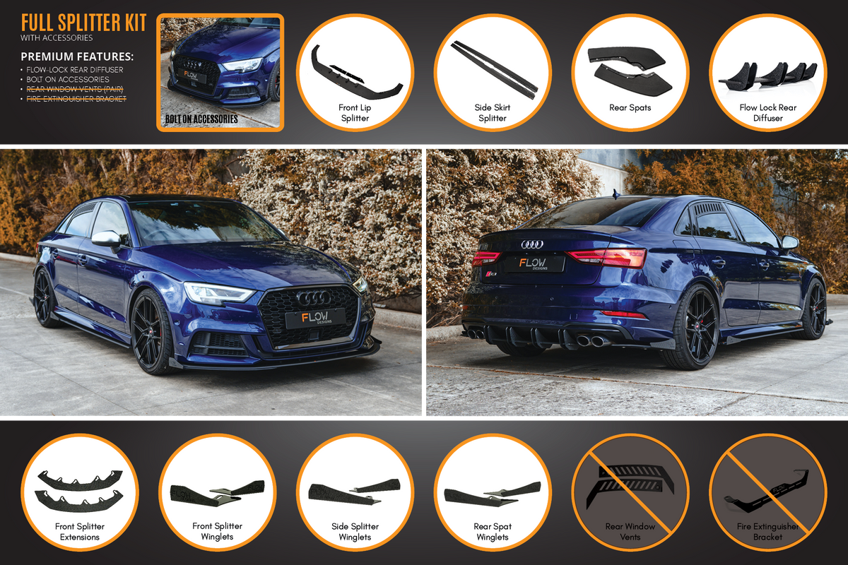 Flow Designs - S3 8V Sedan Facelift Full Lip Splitter Set