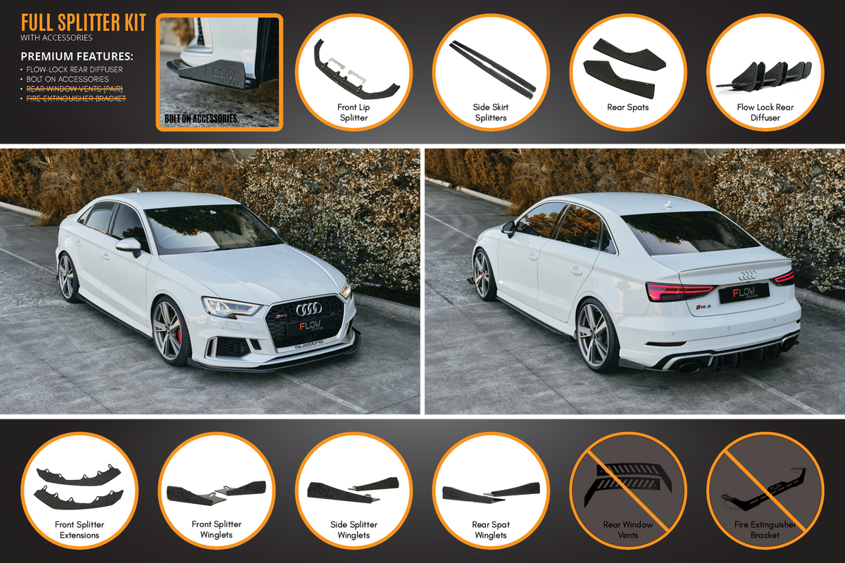 Flow Designs - RS3 8V Sedan Facelift Full Lip Splitter Set