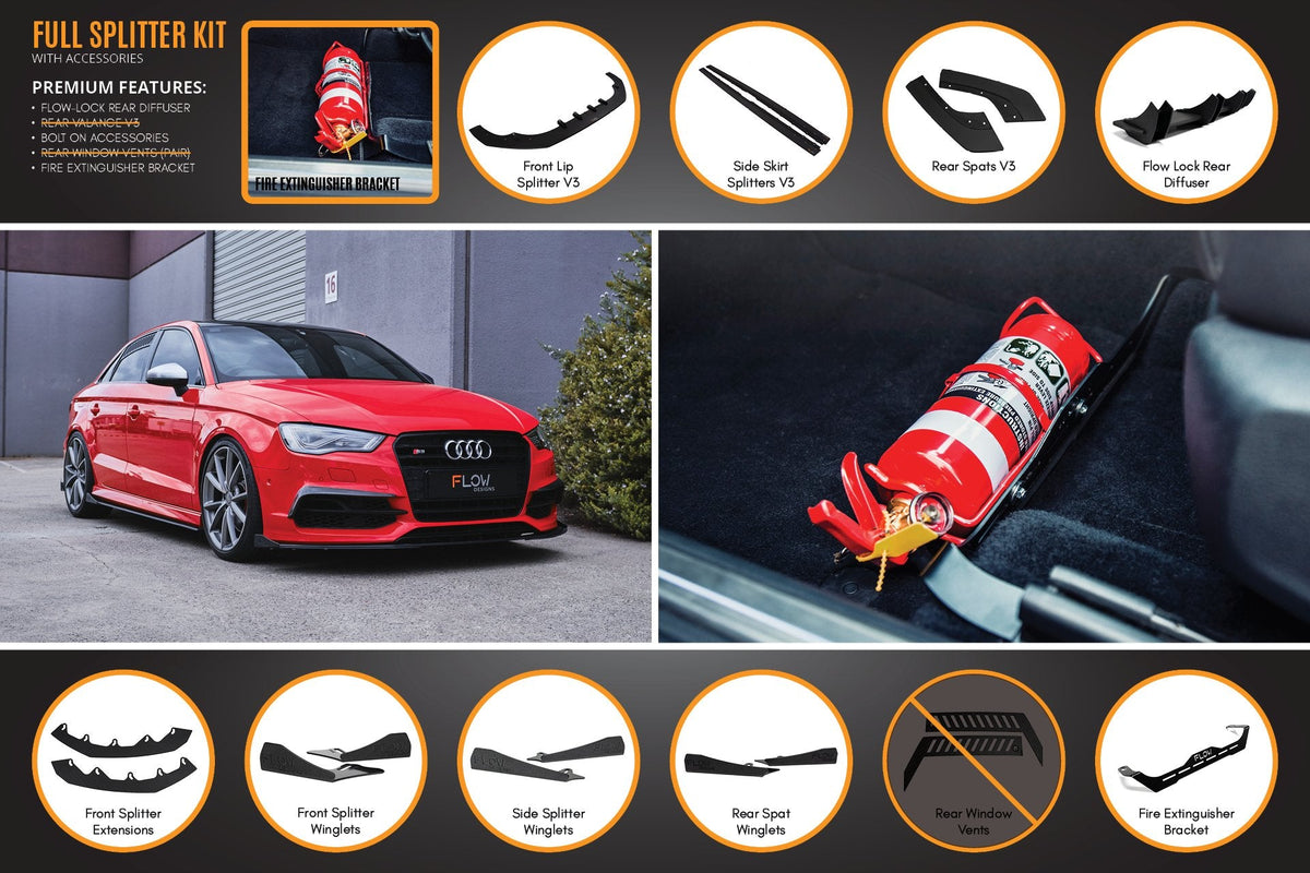 Flow Designs - S3 8V Sedan Pre-Facelift V3 Full Lip Splitter Set