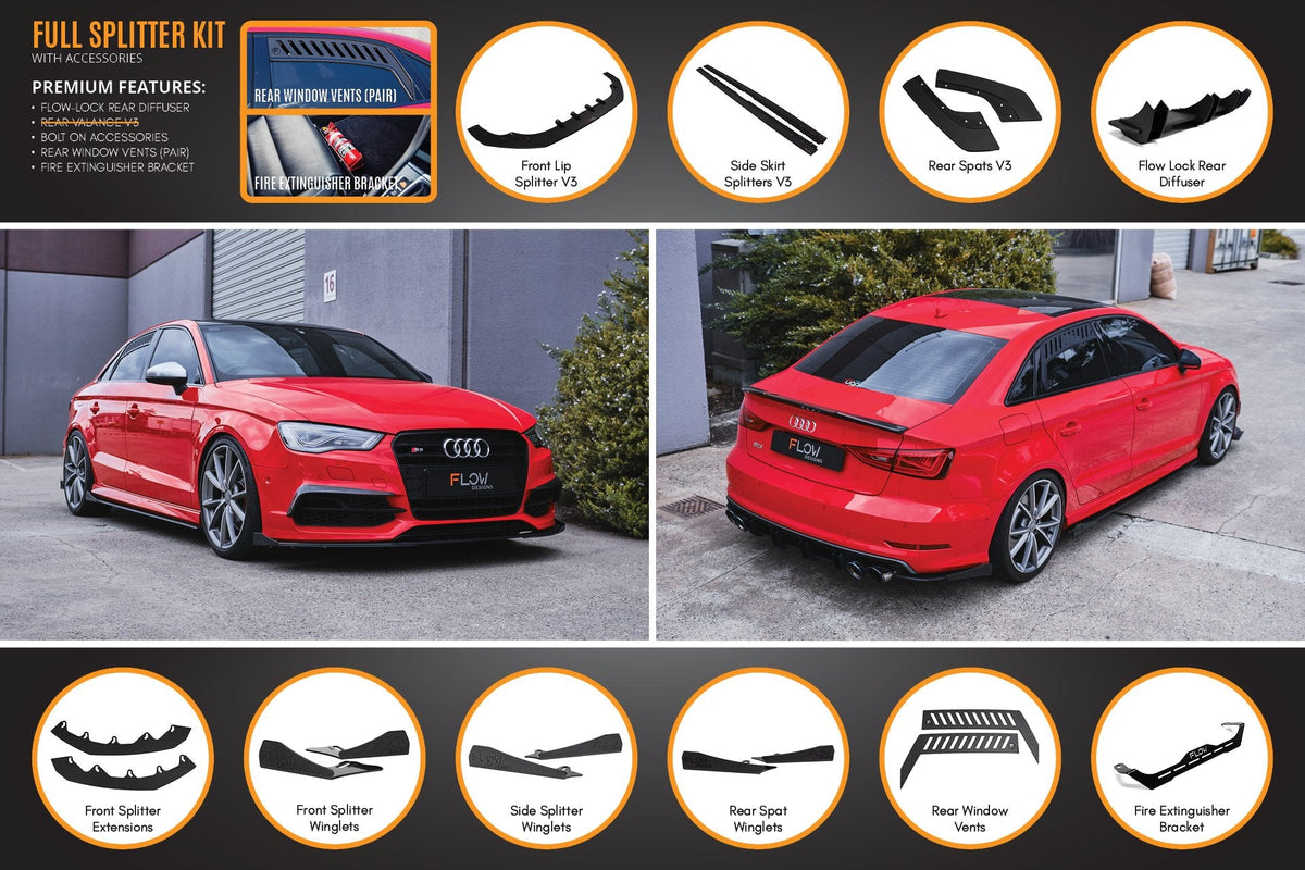 Flow Designs - S3 8V Sedan Pre-Facelift V3 Full Lip Splitter Set