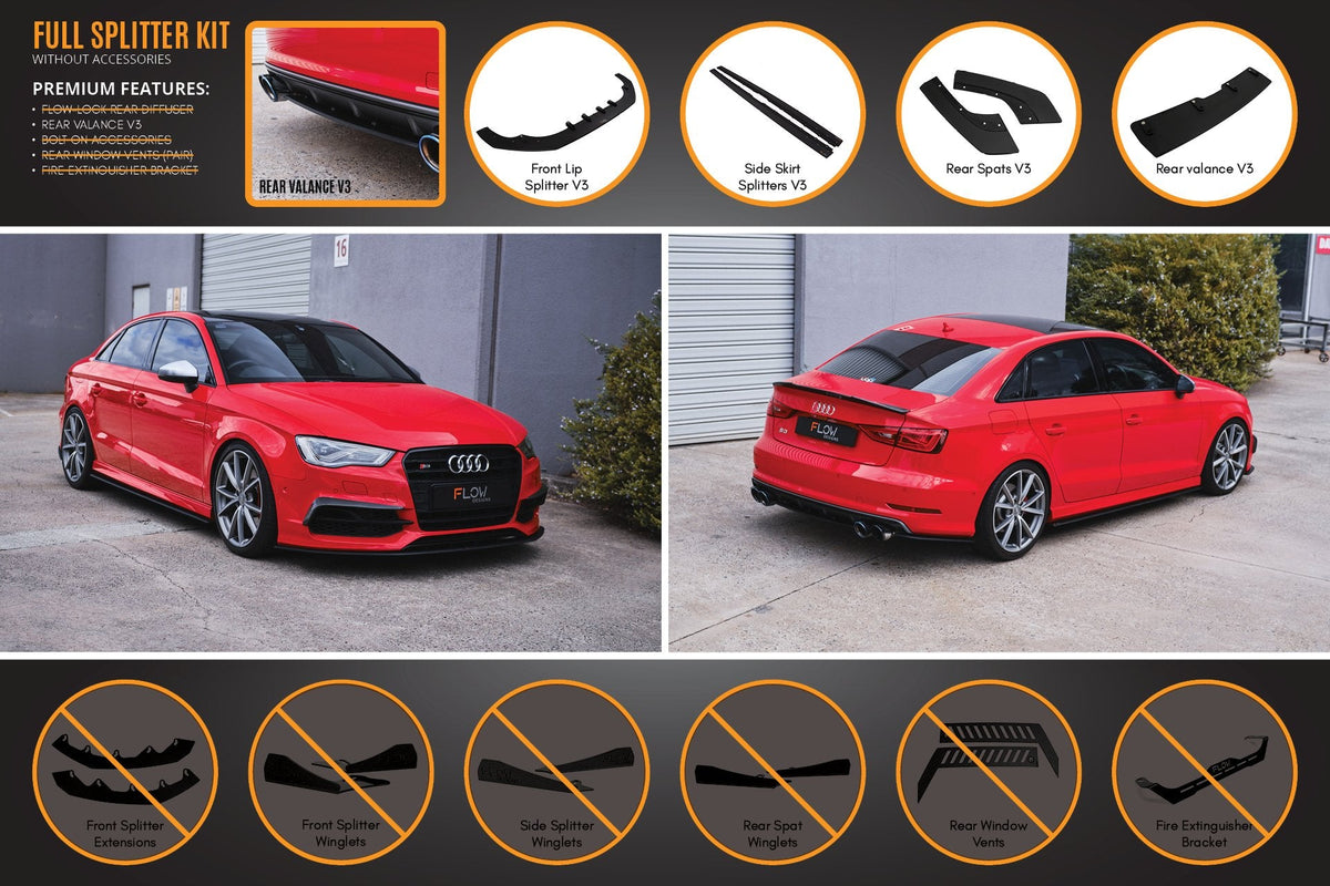 Flow Designs - S3 8V Sedan Pre-Facelift V3 Full Lip Splitter Set