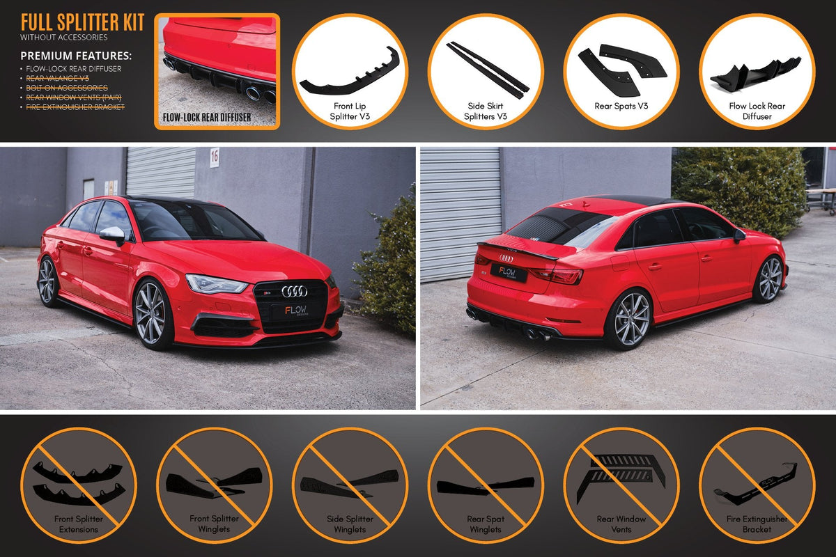 Flow Designs - S3 8V Sedan Pre-Facelift V3 Full Lip Splitter Set