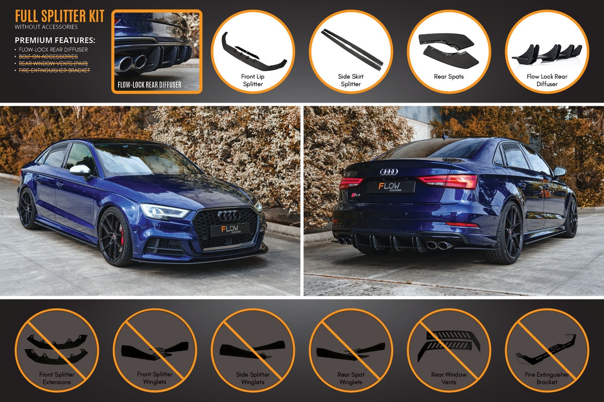 Flow Designs - S3 8V Sedan Facelift Full Lip Splitter Set