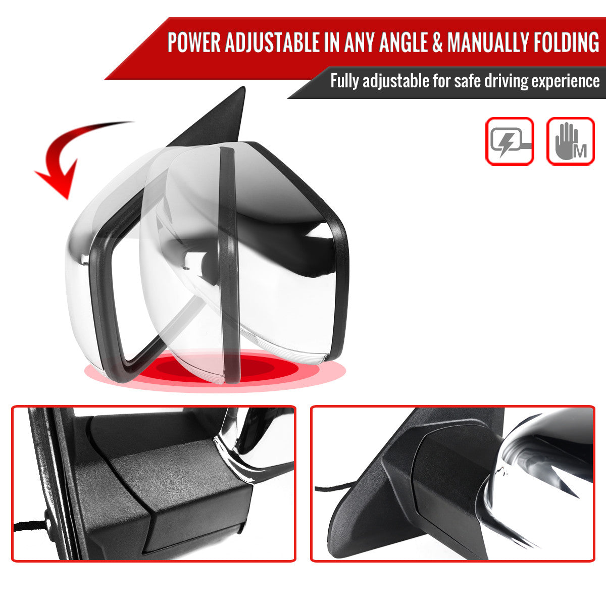 Spec-D Tuning - 2013-2019 Dodge RAM Chrome Power Adjustable, Auto-Fold, & Heated Side Mirror w/ LED Turn Signal & Puddle Light - Driver Side Only - RMV-RAM13CHP-AT-FS-L