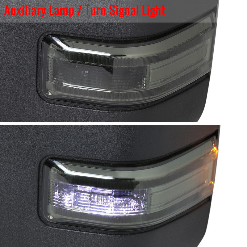Spec-D Tuning - 2017-2019 Ford F-250/F-350/F-450/F-550 Power Adjustable, Heated, BSM, ATS, & Manual Extendable Towing Mirrors w/ Smoked Lens LED Turn Signal, Clearance, & Auxiliary Lights - RMX-F25017F2GH-P-FS