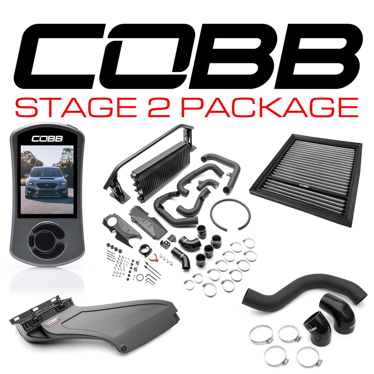 Cobb 22-25 Subaru WRX Stage 2 Power Package w/Black FMIC &amp; Matte Carbon Fiber Scoop - SUB0060020-BK-FMIC-RMC