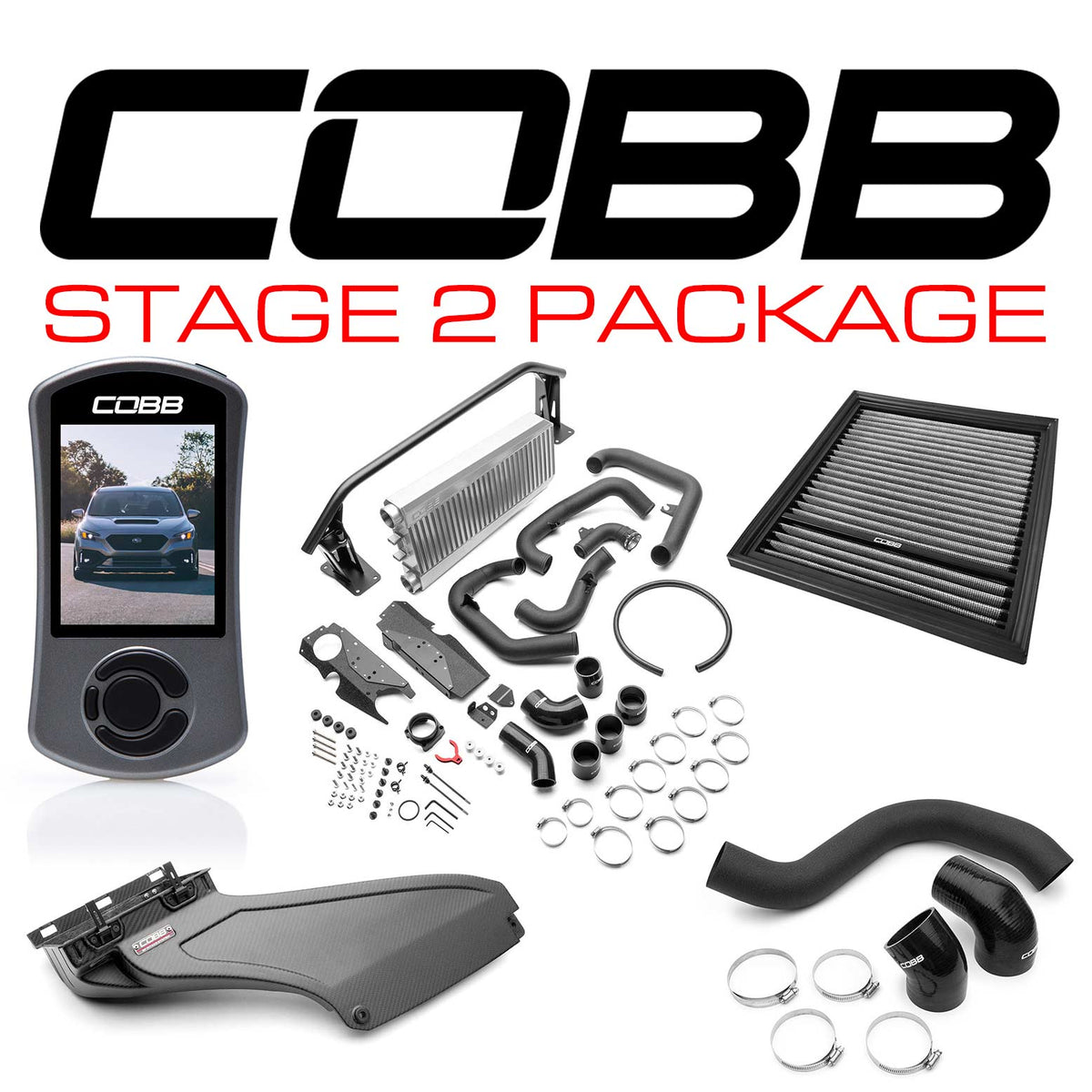 Cobb 22-25 Subaru WRX Stage 2 Power Package w/Silver FMIC &amp; Matte Carbon Fiber Scoop - SUB0060020-SL-FMIC-RMC