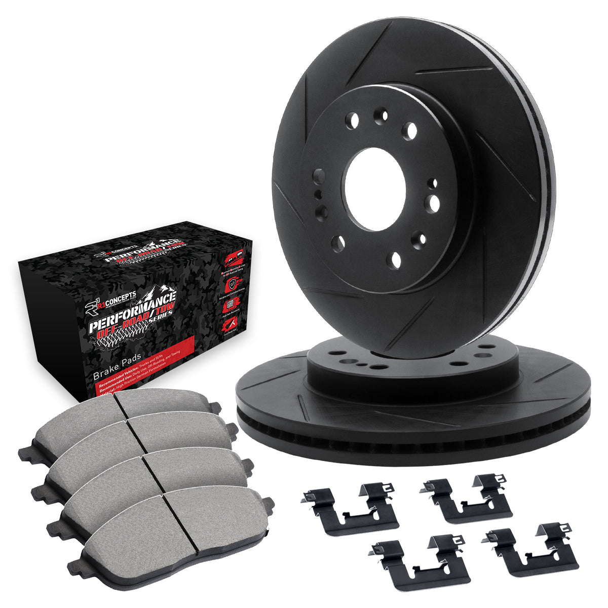 R1 Concepts 12-20 Ford F-150 Rear Slotted Black Disc Rotor Set w/ Off-Road/Tow Brake Pads - WCVH1-54097 - front view