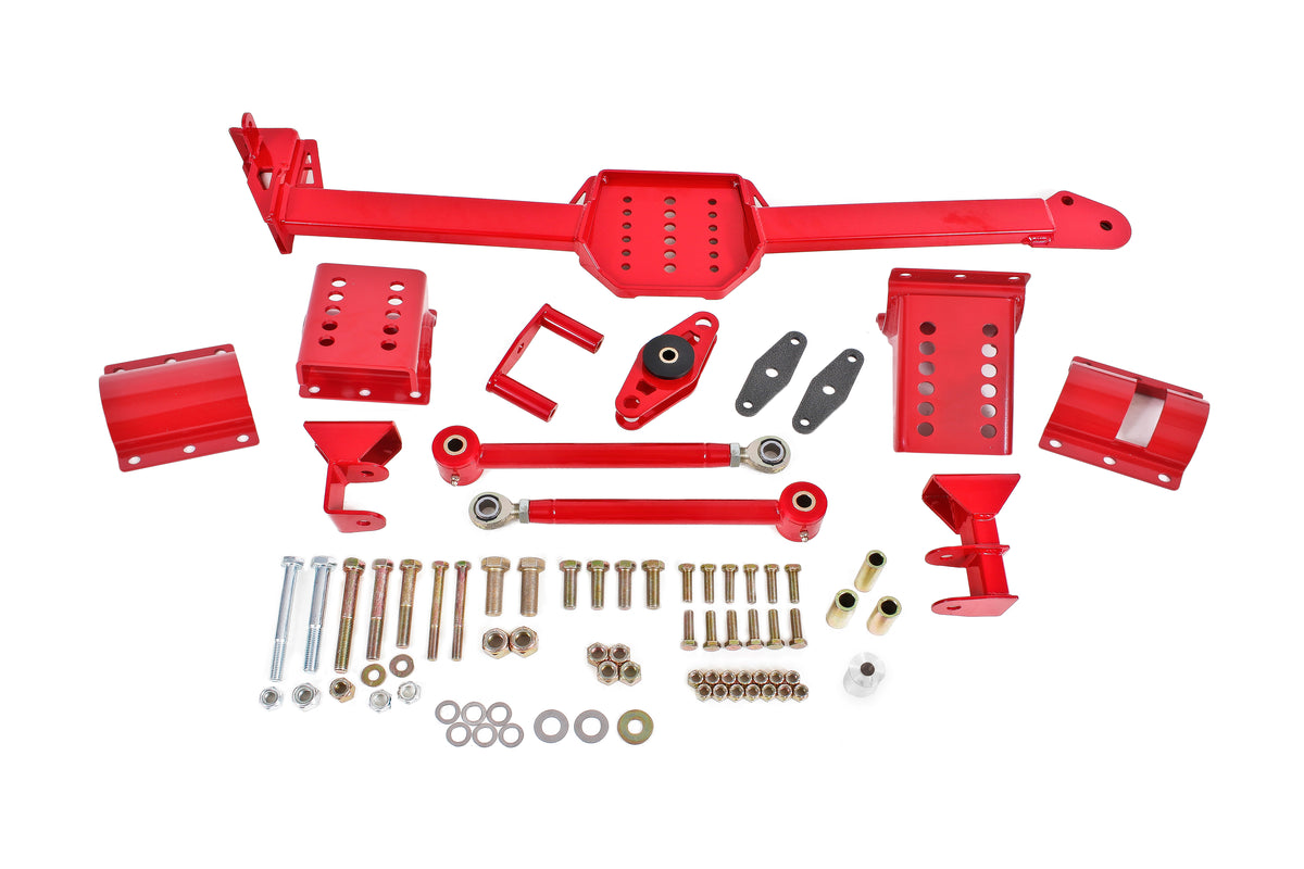 BMR 05-14 S197 Mustang Body Mount Watts Link Rod End/Poly w/ Adj. Axle Clamps - Red - WL005R
