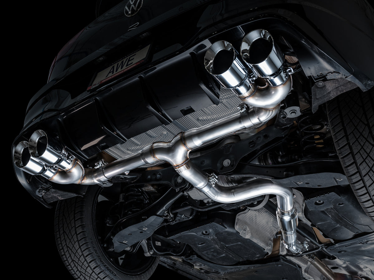 AWE MK8 Volkswagen Golf R 3in Track Edition Quad Exhaust - Chrome Silver Tips - 3020-42658
